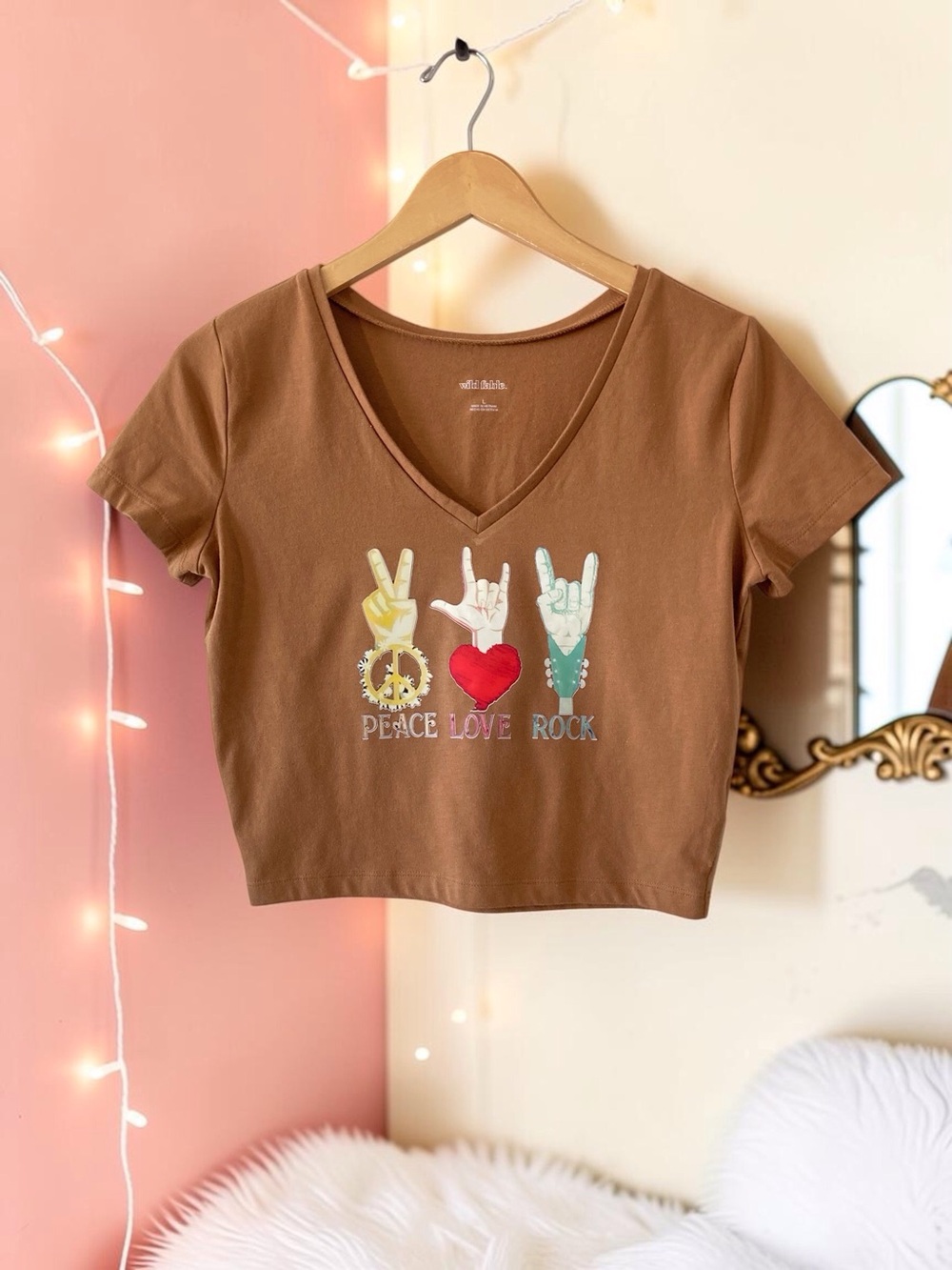 Upcycled Wild Fable Peace Love Rock Crop Tee Boho Y2K Size L